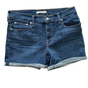 New Levi’s Mid Length Shorts Dark Blue Denim Jean Women’s Sz 31 Stretch Cuffed